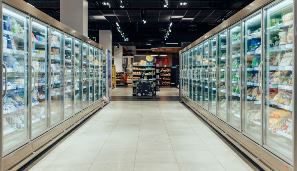 Commercial refrigerator in Canada with glass doors stocked with frozen goods.